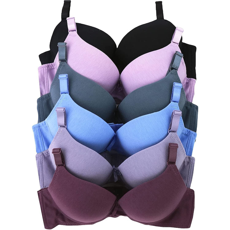 ToBeInStyle Women's Pack of 6 Heathered Cotton Push Up Purple Assorted Bras