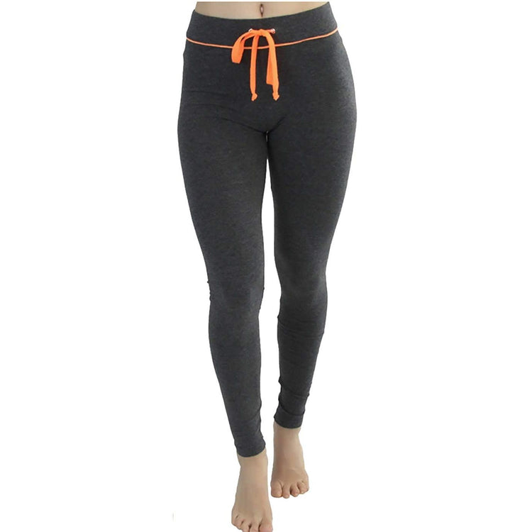 Women's Soft Knit Yoga Cotton Skinny Fit Full Length Leggings Tights w/ Drawstring Contrast