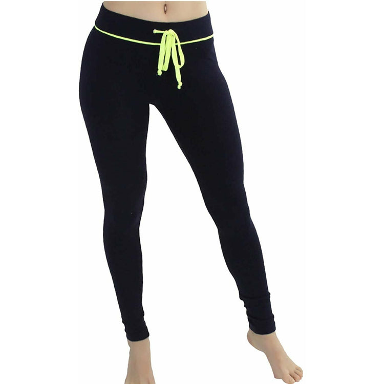 Women's Soft Knit Yoga Cotton Skinny Fit Full Length Leggings Tights w/ Drawstring Contrast