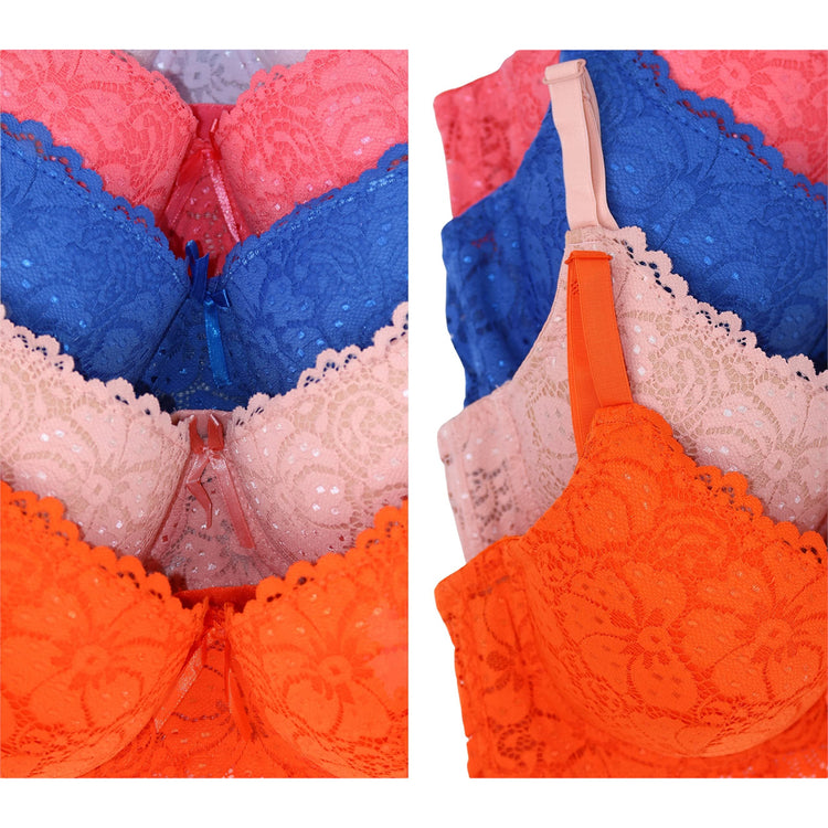 Women's Pack of 6 Full Cup Bras with Scalloped Floral Lace Detail