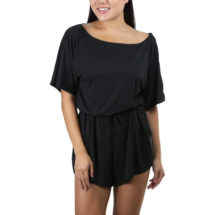 Women's Brushed Microfiber Short Sleeves Pajama Tie Up Open Back Romper