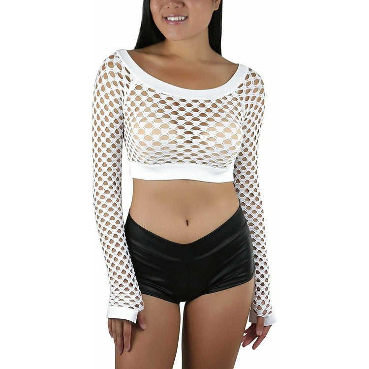 ToBeInStyle Women Stretch Fishnet Long Sleeve Rave See-Through Novelty Crop Top