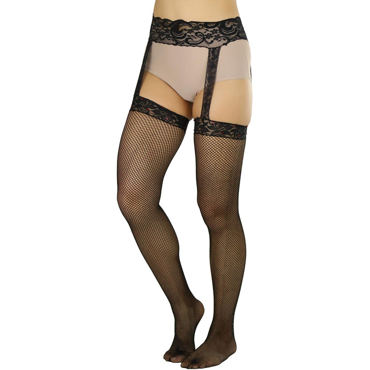 Women's Fishnet Suspender Garter Stockings With Rhinstone On Lace Top