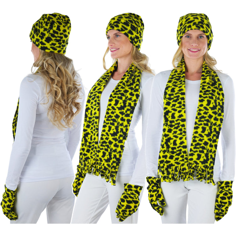 Women’s 3-Piece Fleece Polyester Animal Print Scarf, Gloves & Hat