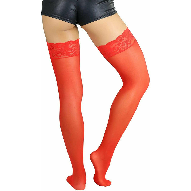 ToBeInStyle Women's Sheer Nylon Thigh High With Seamless Lace Top