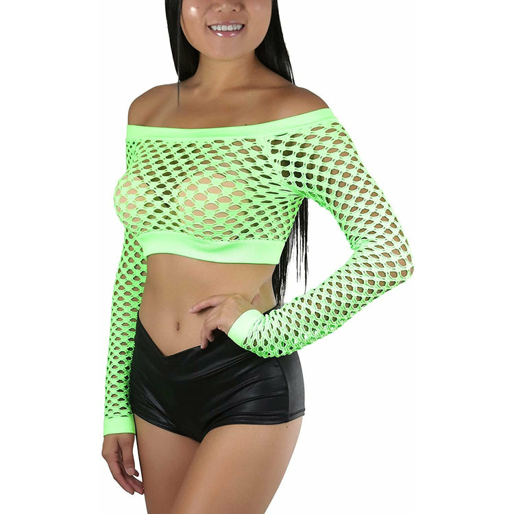 ToBeInStyle Women Stretch Fishnet Long Sleeve Rave See-Through Novelty Crop Top