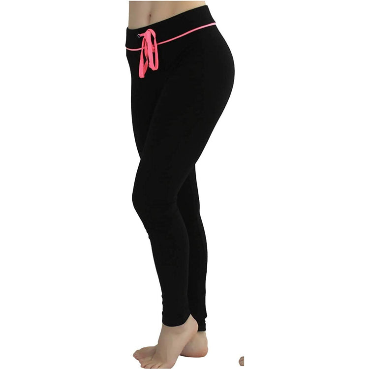 Women's Soft Knit Yoga Cotton Skinny Fit Full Length Leggings Tights w/ Drawstring Contrast