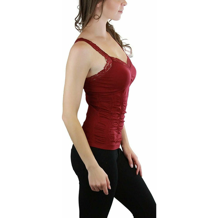 Women’s Wrinkled Seamless Camisole Top with Floral Lace Trim Straps