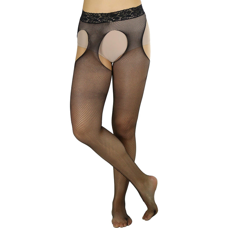 Women's Tights With Fishnet Suspender And Lace Waist