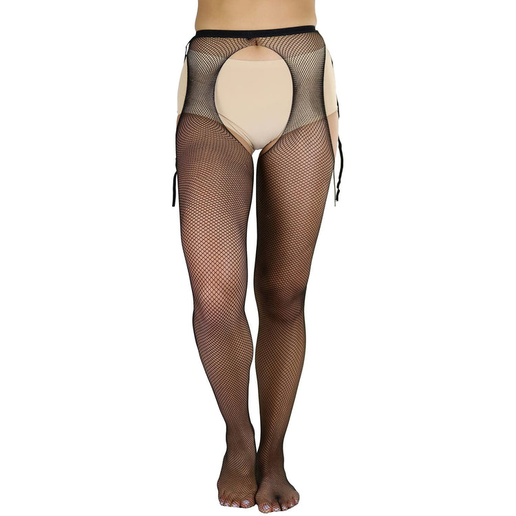 Women's Sheer Pantyhose With Fishnet Suspender And Tie Bow