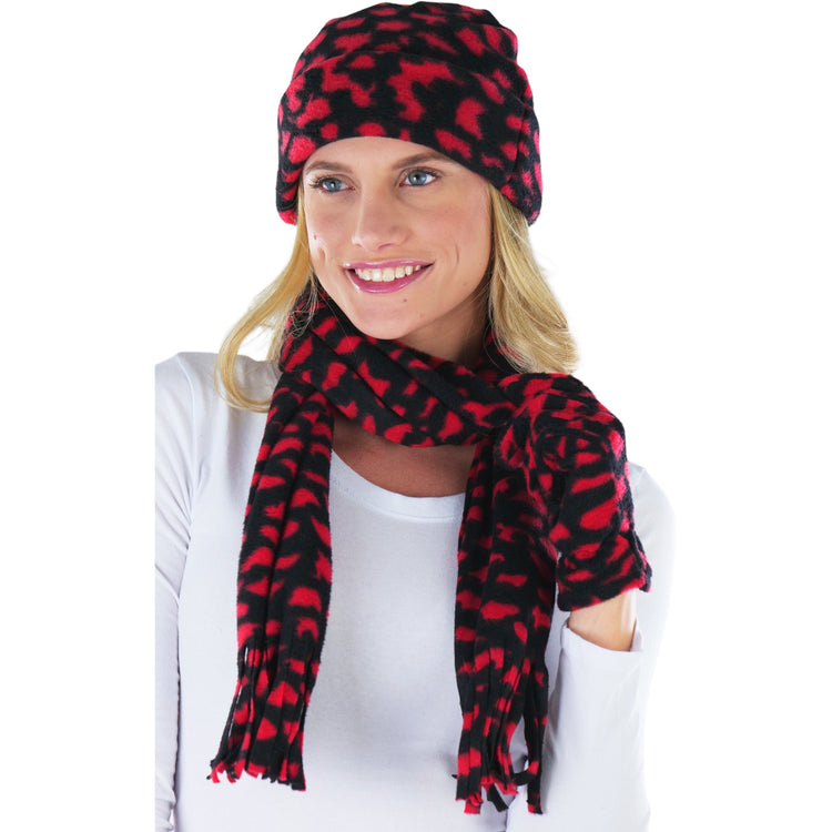 Women’s 3-Piece Fleece Polyester Animal Print Scarf, Gloves & Hat