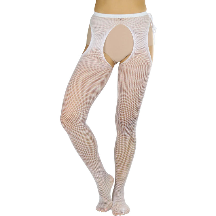 Women's Sheer Pantyhose With Fishnet Suspender And Tie Bow