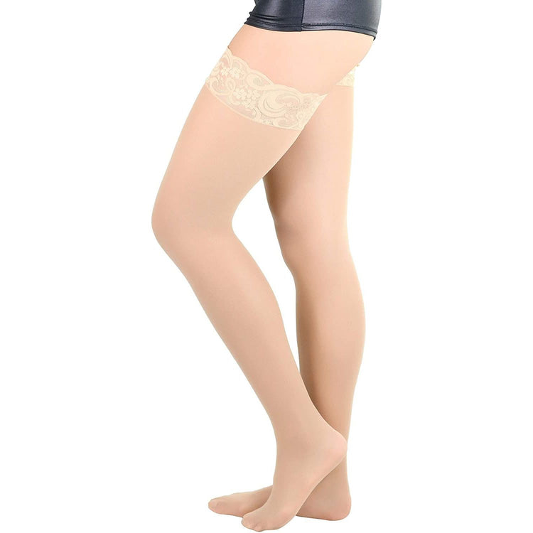 ToBeInStyle Women's Sheer Nylon Thigh High With Seamless Lace Top