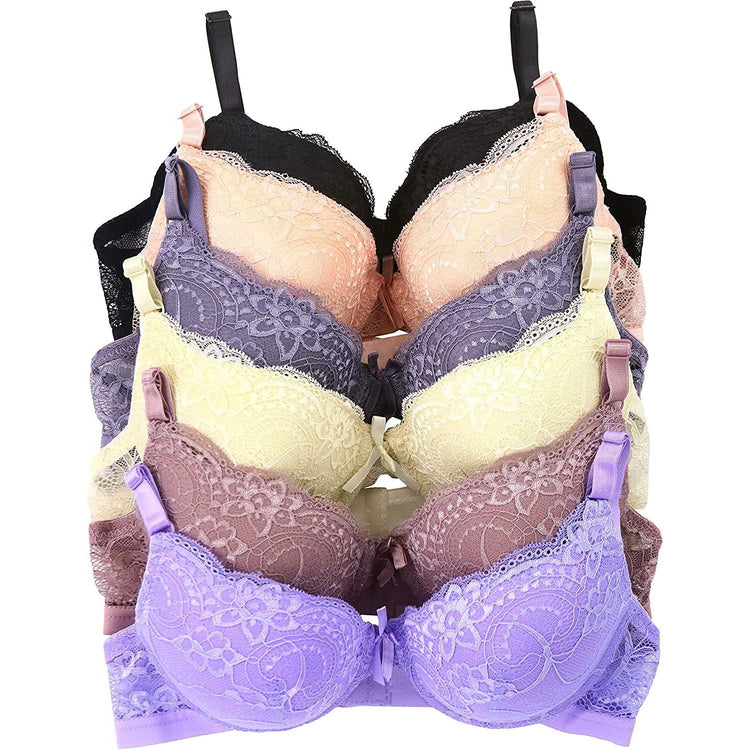 ToBeInStyle Women's Pack of 6 Floral Lace Overlay Bras with Lace Band