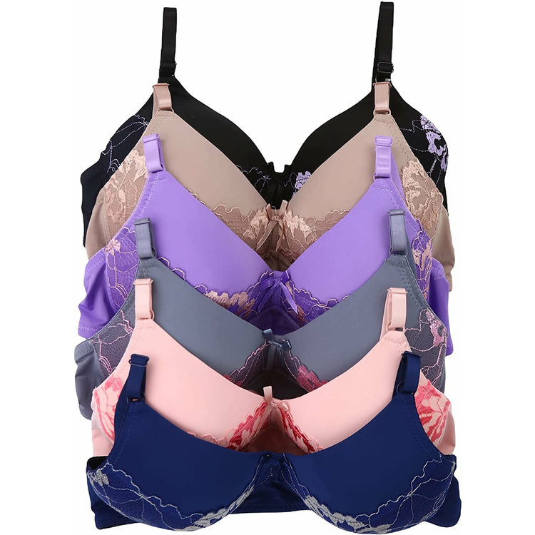 ToBeInStyle Women's Pack of 6 Wire Free Bras with Bold Floral Lace Overlay