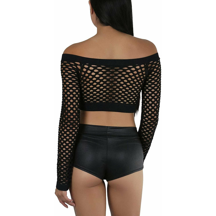 ToBeInStyle Women Stretch Fishnet Long Sleeve Rave See-Through Novelty Crop Top