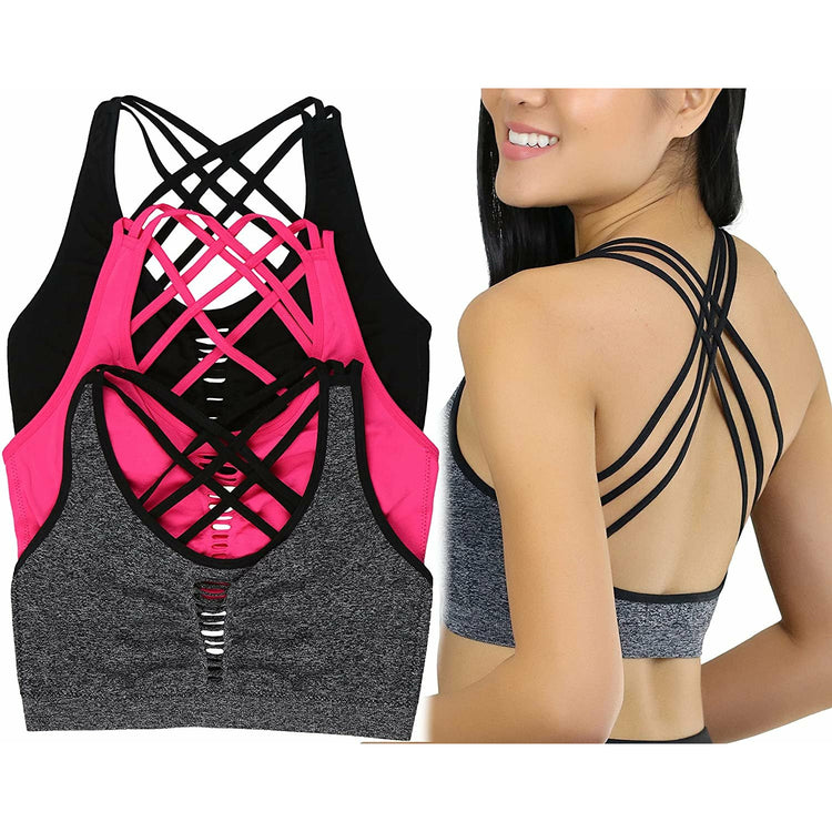 ToBeInStyle Women's Pack of 3 Seamless Cross Back Bralettes with Front Cut Out Pattern