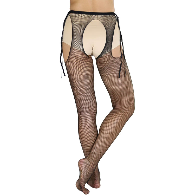 Women's Sheer Pantyhose With Fishnet Suspender And Tie Bow