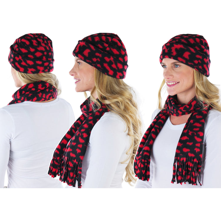Women’s 3-Piece Fleece Polyester Animal Print Scarf, Gloves & Hat