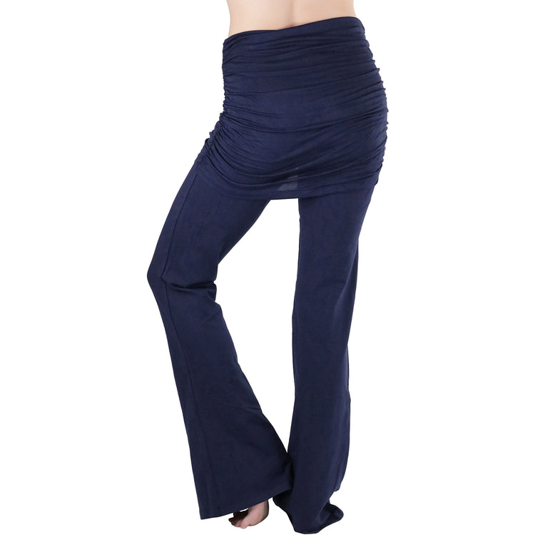 Women's Cotton-Blend Shirred Skirt Overlay Flared Hem Pants