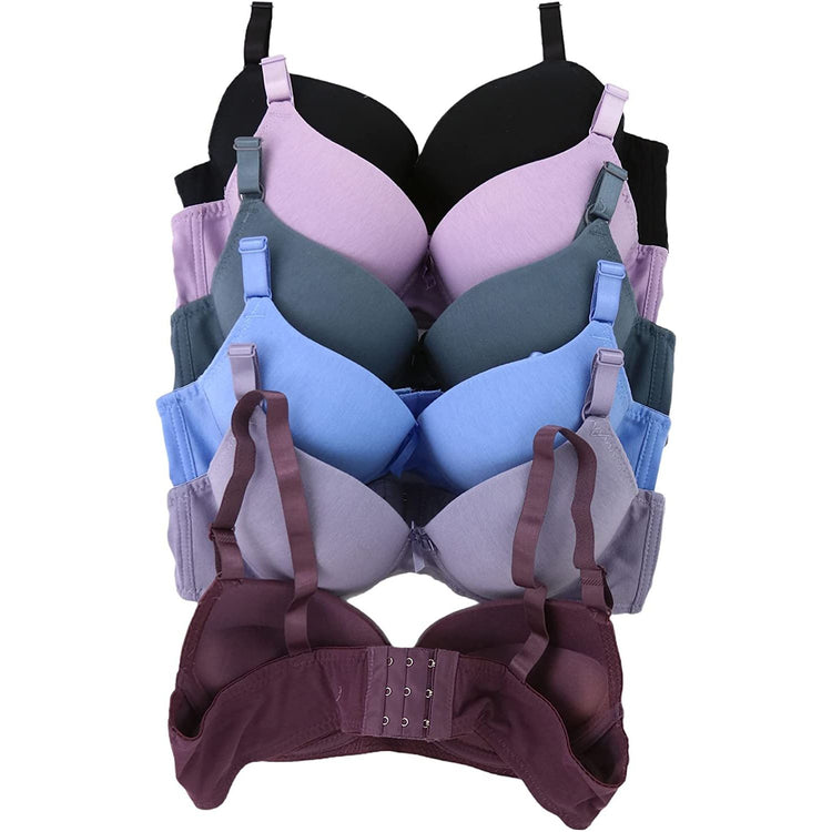 ToBeInStyle Women's Pack of 6 Heathered Cotton Push Up Purple Assorted Bras