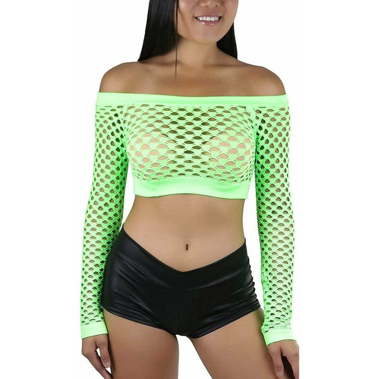 ToBeInStyle Women Stretch Fishnet Long Sleeve Rave See-Through Novelty Crop Top