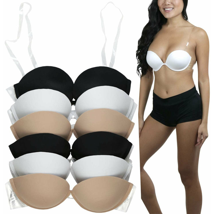 Women's Pack of 6 Wired and Padded Deep V-Cut Push-Up Bras with Clear Convertible Straps