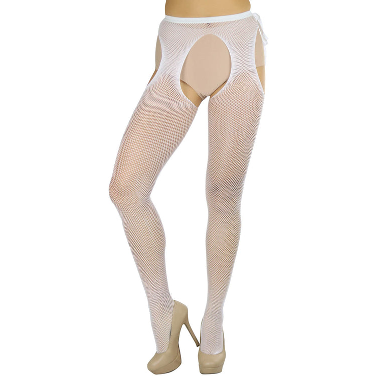 Women's Sheer Pantyhose With Fishnet Suspender And Tie Bow