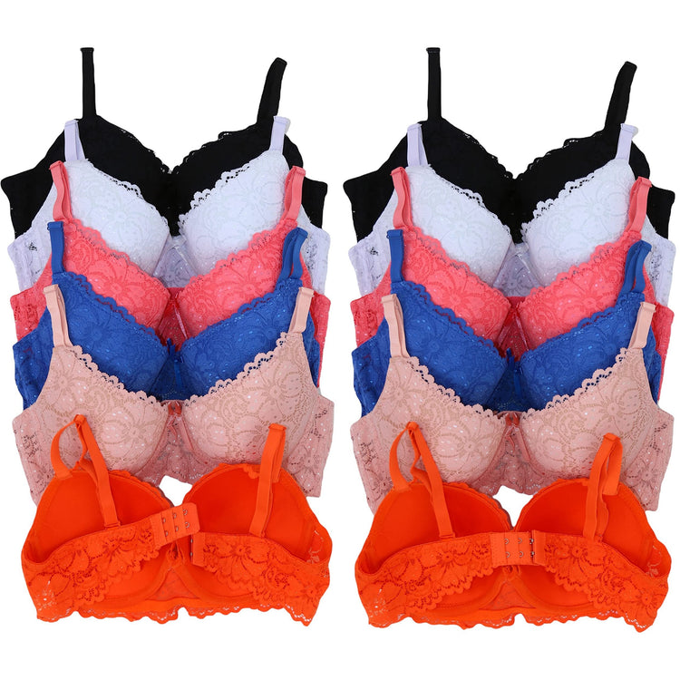 Women's Pack of 6 Full Cup Bras with Scalloped Floral Lace Detail