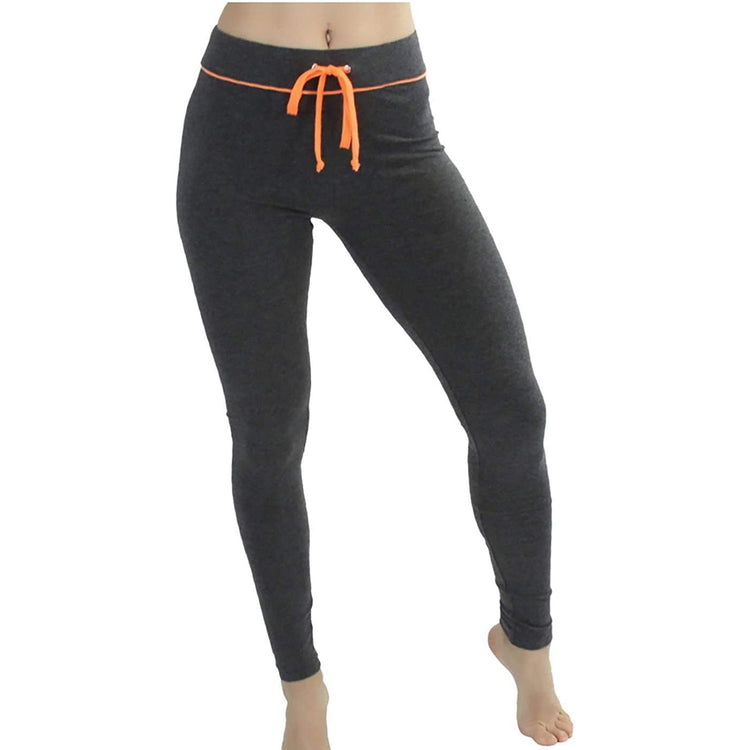 Women's Soft Knit Yoga Cotton Skinny Fit Full Length Leggings Tights w/ Drawstring Contrast