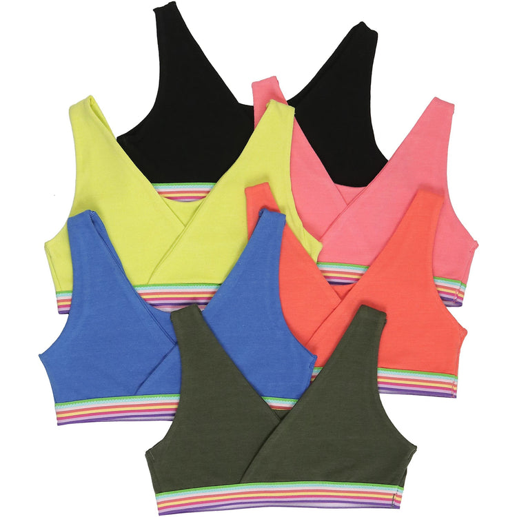 Girls' Pack of 6 Wrap Style Back Cotton Training Bra with Rainbow Elastic