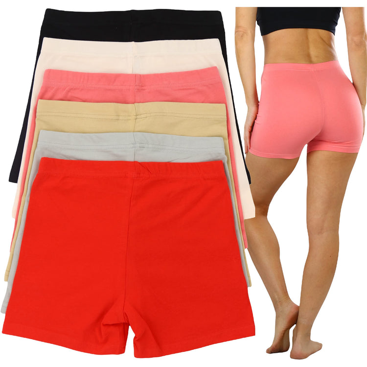 Women's Pack of 6 Premium Cotton Blend High Waisted Short Length Biker Bermuda Shorts