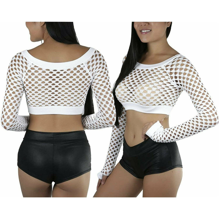 ToBeInStyle Women Stretch Fishnet Long Sleeve Rave See-Through Novelty Crop Top