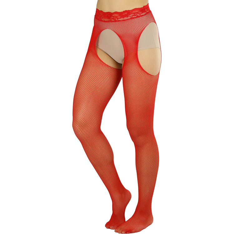 Women's Tights With Fishnet Suspender And Lace Waist