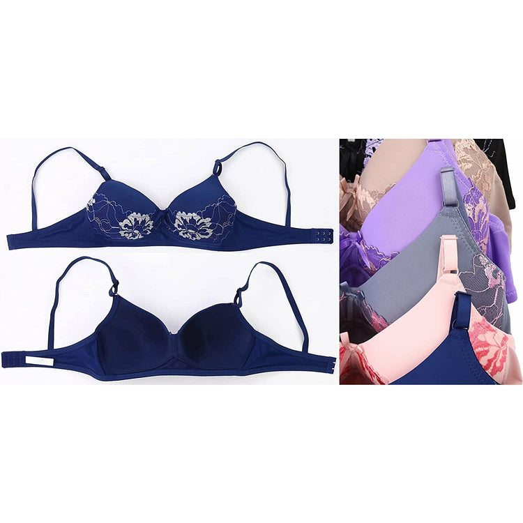 ToBeInStyle Women's Pack of 6 Wire Free Bras with Bold Floral Lace Overlay