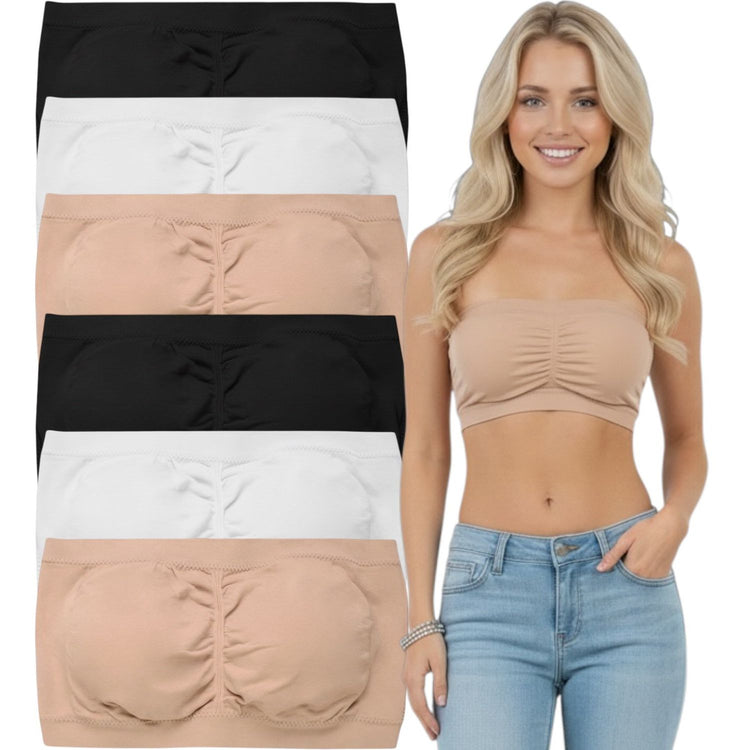 ToBeInStyle Women's Pack of 3 or 6 Seamless Classic Ruched Tube Top Bras w/ Removable Pads