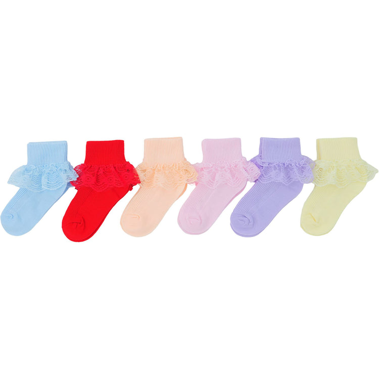 Girls' and Infants' Pack of 6 Ankle Socks with Lace Ruffle Trim and Ribbon - Assorted Dark Pastels Flower Lace Design