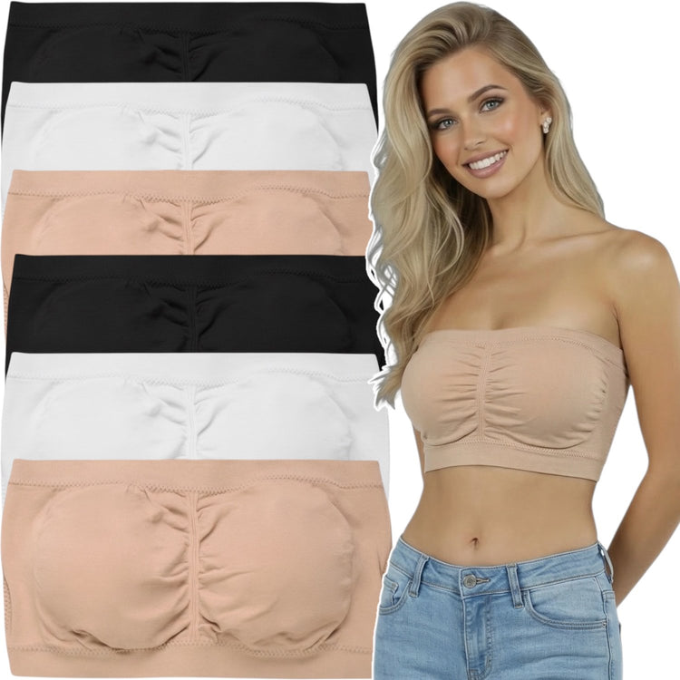 ToBeInStyle Women's Pack of 3 or 6 Seamless Classic Ruched Tube Top Bras w/ Removable Pads