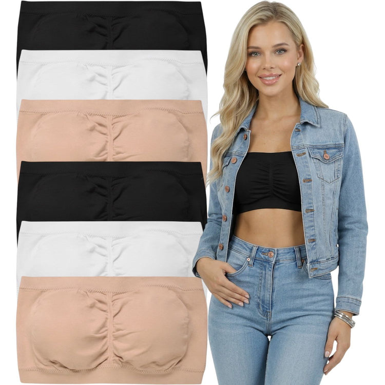 ToBeInStyle Women's Pack of 3 or 6 Seamless Classic Ruched Tube Top Bras w/ Removable Pads