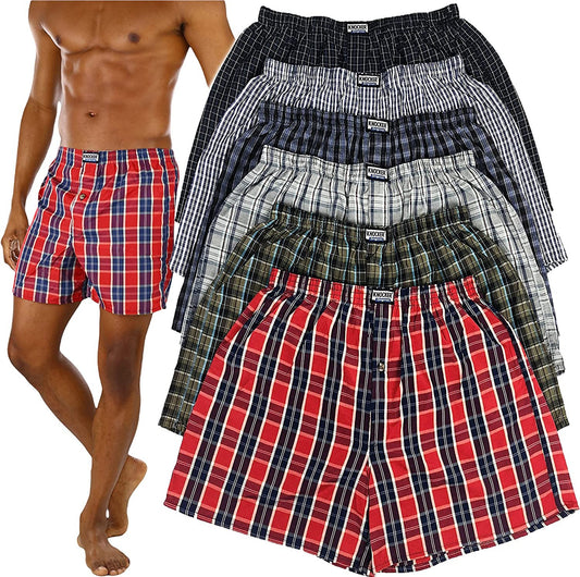 Men's Pack of 6 Button Fly Loose Fit Tartan Plaid Boxers