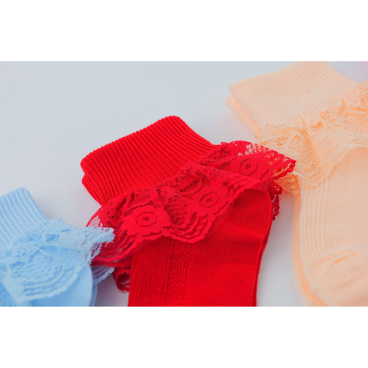 Girls' and Infants' Pack of 6 Ankle Socks with Lace Ruffle Trim and Ribbon - Assorted Dark Pastels Flower Lace Design