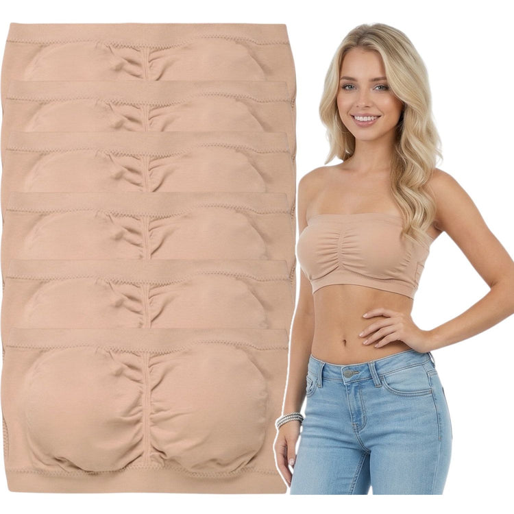 ToBeInStyle Women's Pack of 3 or 6 Seamless Classic Ruched Tube Top Bras w/ Removable Pads