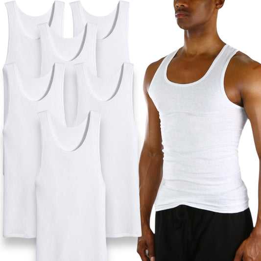 ToBeInStyle Men's Multi-Pack of Cotton Form Fitting Scoop Neck Sleeveless White A-Shirts