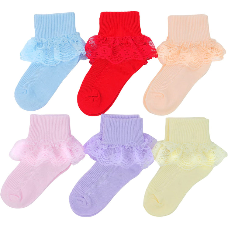 Girls' and Infants' Pack of 6 Ankle Socks with Lace Ruffle Trim and Ribbon - Assorted Dark Pastels Flower Lace Design