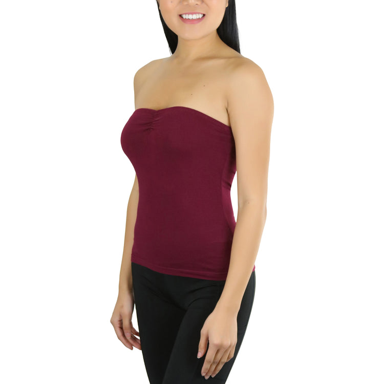 Women's Straight Neckline Ruched Basic Solid Knit Tube Top