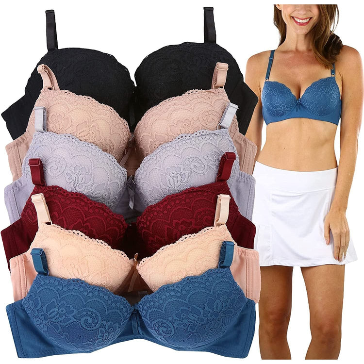 ToBeInStyle Women's Pack of 6 Cotton Push Up Bras with Floral Lace Cup Overlay