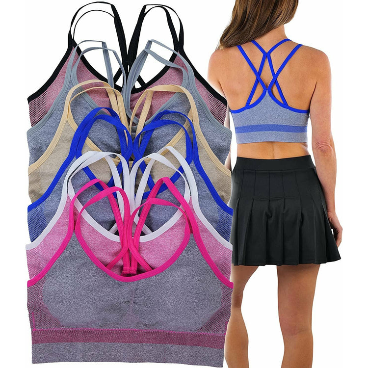 Women's Pack of 6 Wire Free Strappy Back Padded Sports Bralette with Contrast Straps