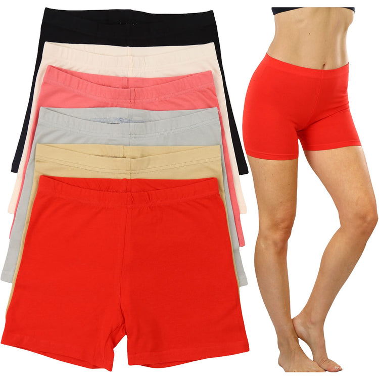 Women's Pack of 6 Premium Cotton Blend High Waisted Short Length Biker Bermuda Shorts