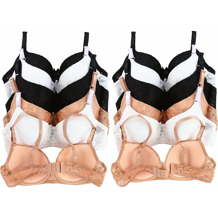 Women's Pack of 6 Padded Underwire Bras w/ Lace Mesh Band & Lace Overlay Cup