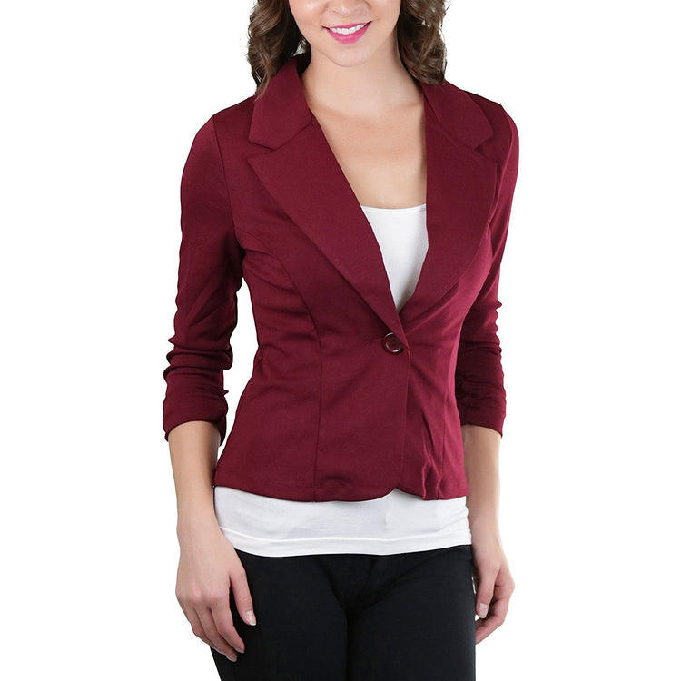 ToBeInStyle Women's 3/4 Shirring Sleeve One Button Stretch Knit Blazer